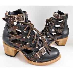 Freebird By Steven Cheyenne Leather Black Brown Buckle Heeled Booties Women's 7
